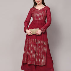 Poshak Hub Women Green Georgette Foil Print A-Line Kurta with palazzo
