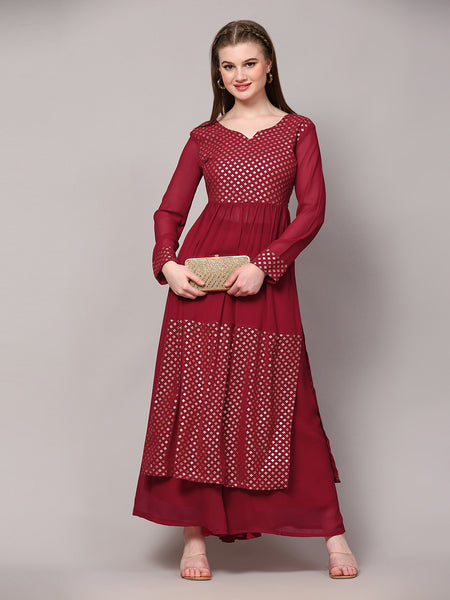 Poshak Hub Women Green Georgette Foil Print A-Line Kurta with palazzo