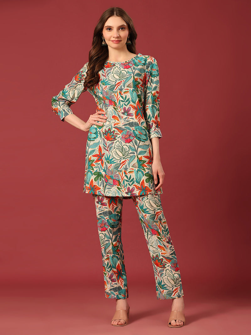 Poshak Hub Women Turquoise Blue Modal Muslin Foil Print Cord Set