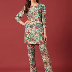 Poshak Hub Women Turquoise Blue Modal Muslin Foil Print Cord Set