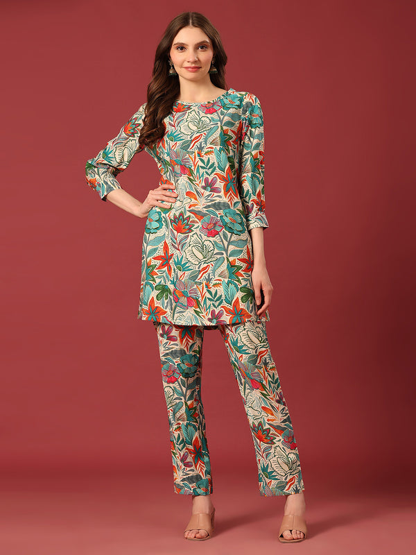 Poshak Hub Women Turquoise Blue Modal Muslin Foil Print Cord Set