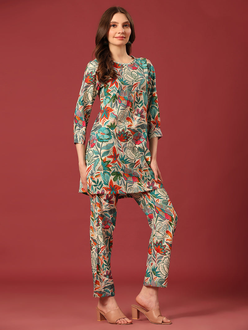 Poshak Hub Women Turquoise Blue Modal Muslin Foil Print Cord Set