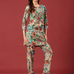 Poshak Hub Women Turquoise Blue Modal Muslin Foil Print Cord Set