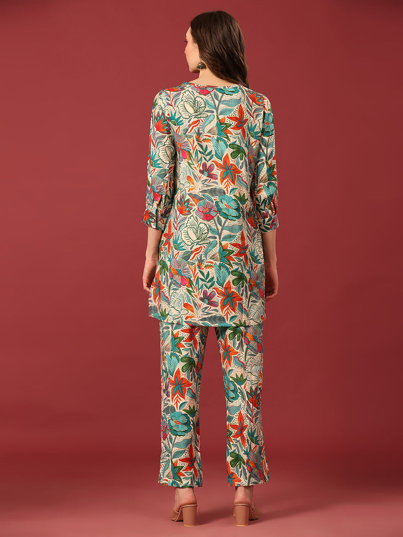 Poshak Hub Women Turquoise Blue Modal Muslin Foil Print Cord Set