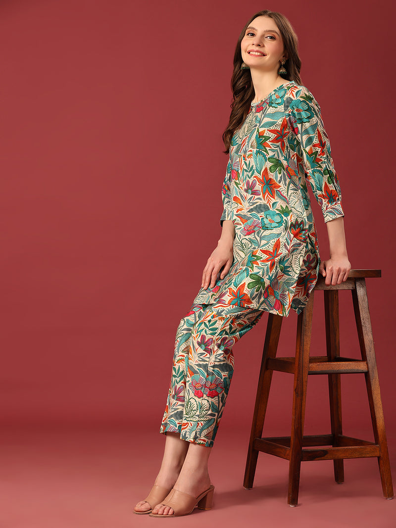 Poshak Hub Women Turquoise Blue Modal Muslin Foil Print Cord Set