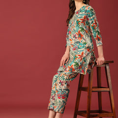 Poshak Hub Women Turquoise Blue Modal Muslin Foil Print Cord Set