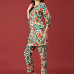 Poshak Hub Women Turquoise Blue Modal Muslin Foil Print Cord Set