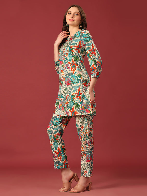 Poshak Hub Women Turquoise Blue Modal Muslin Foil Print Cord Set