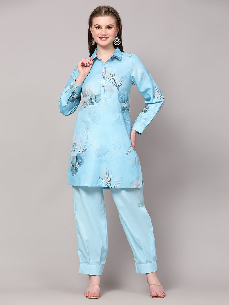 Poshak Hub Women Blue Linen Digital Print Cord Set