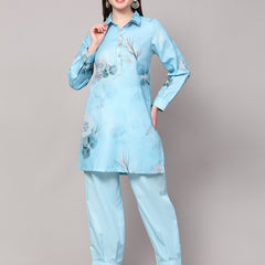 Poshak Hub Women Blue Linen Digital Print Cord Set