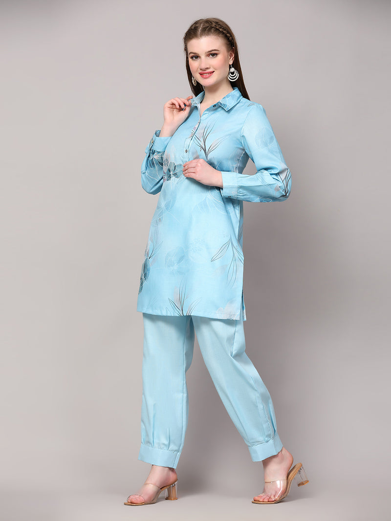 Poshak Hub Women Blue Linen Digital Print Cord Set