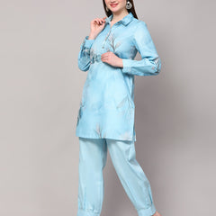 Poshak Hub Women Blue Linen Digital Print Cord Set