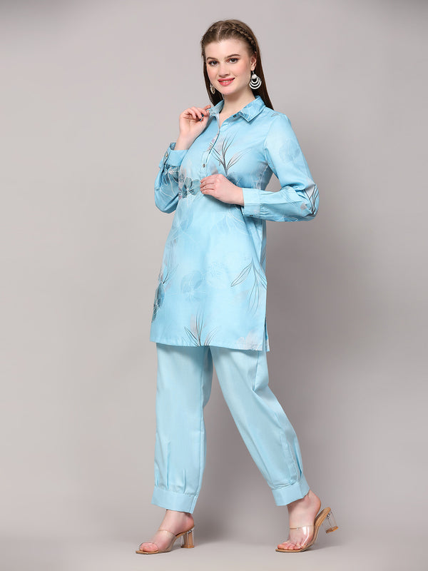 Poshak Hub Women Blue Linen Digital Print Cord Set