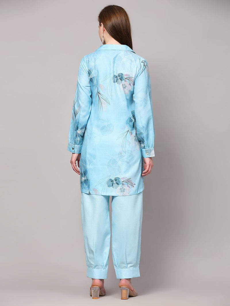 Poshak Hub Women Blue Linen Digital Print Cord Set