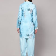 Poshak Hub Women Blue Linen Digital Print Cord Set