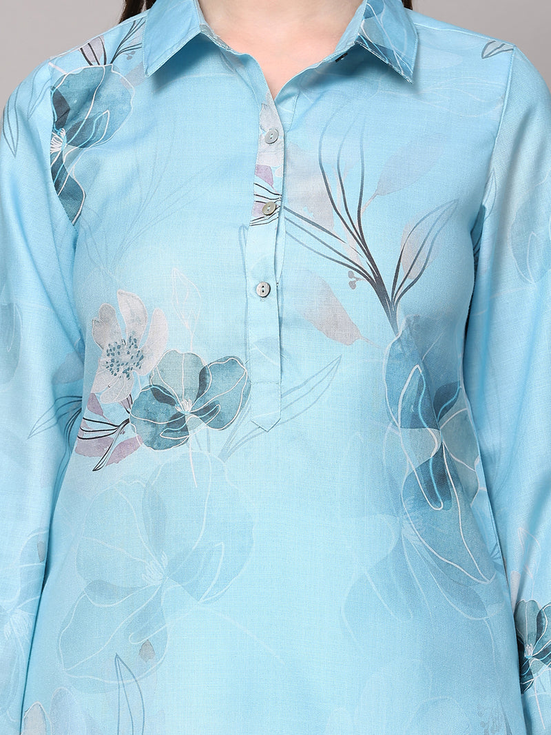 Poshak Hub Women Blue Linen Digital Print Cord Set