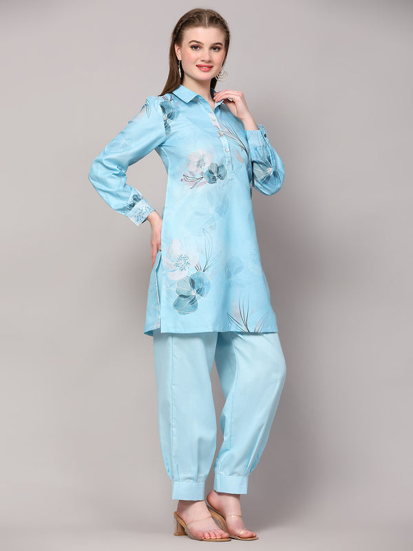 Poshak Hub Women Blue Linen Digital Print Cord Set