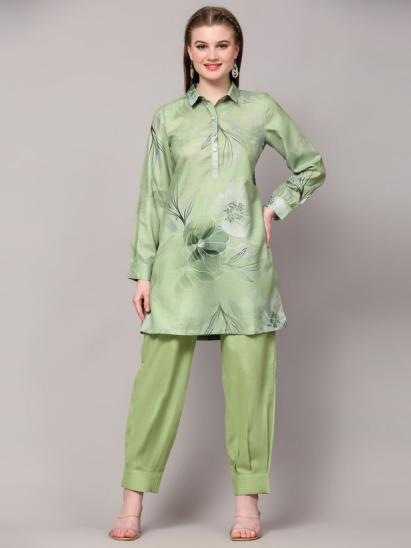 Poshak Hub Women Green Linen Digital Print Cord Set