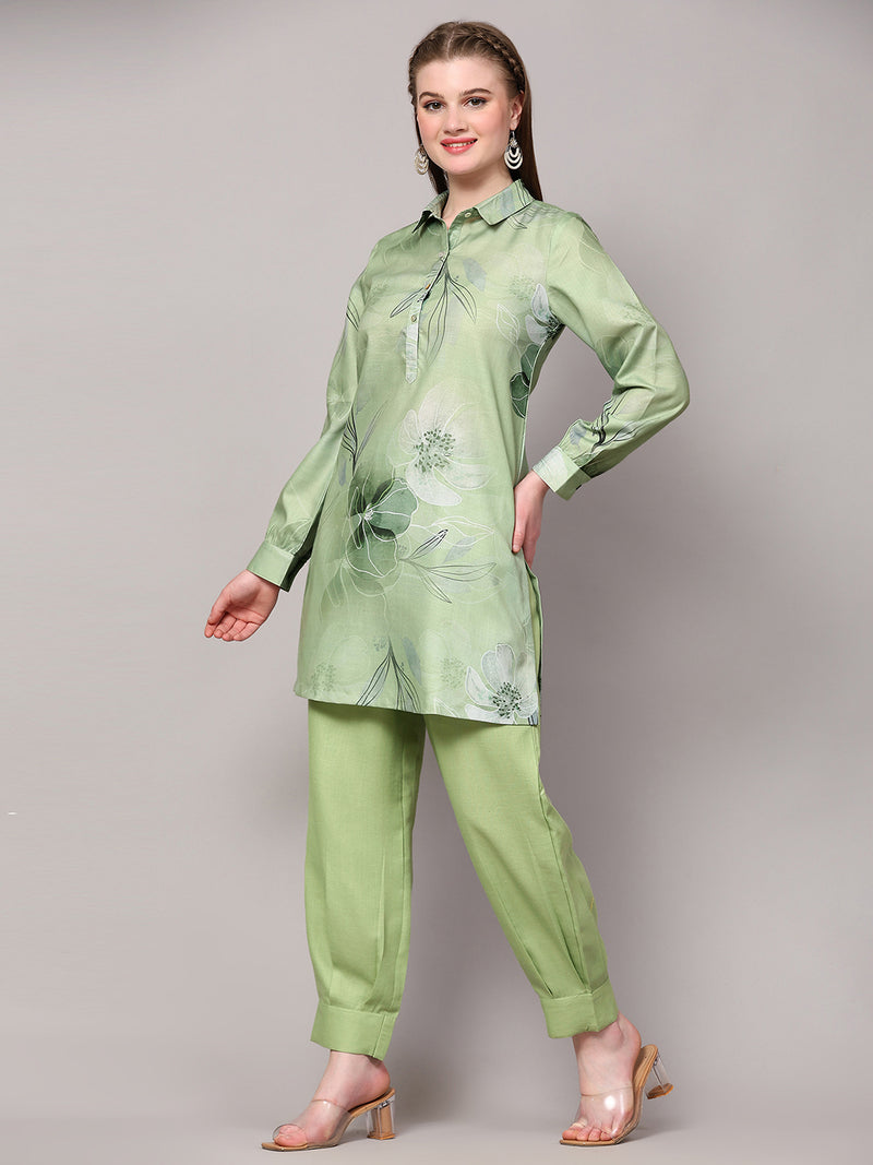 Poshak Hub Women Green Linen Digital Print Cord Set