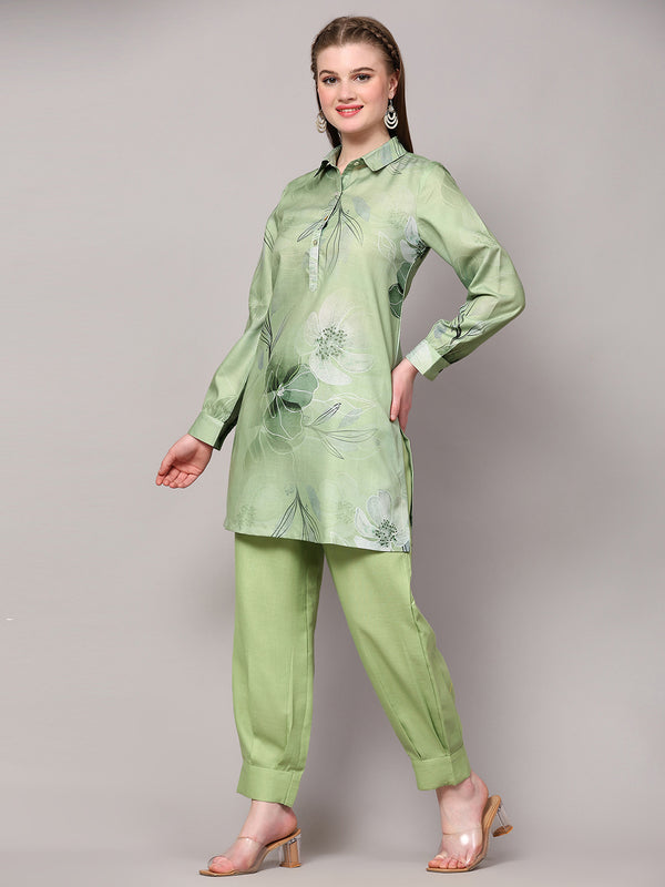 Poshak Hub Women Green Linen Digital Print Cord Set