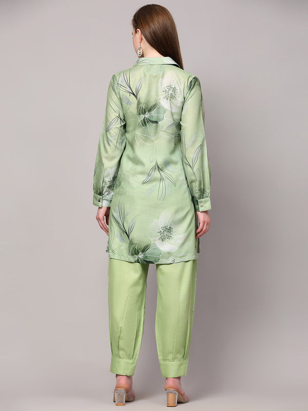 Poshak Hub Women Green Linen Digital Print Cord Set