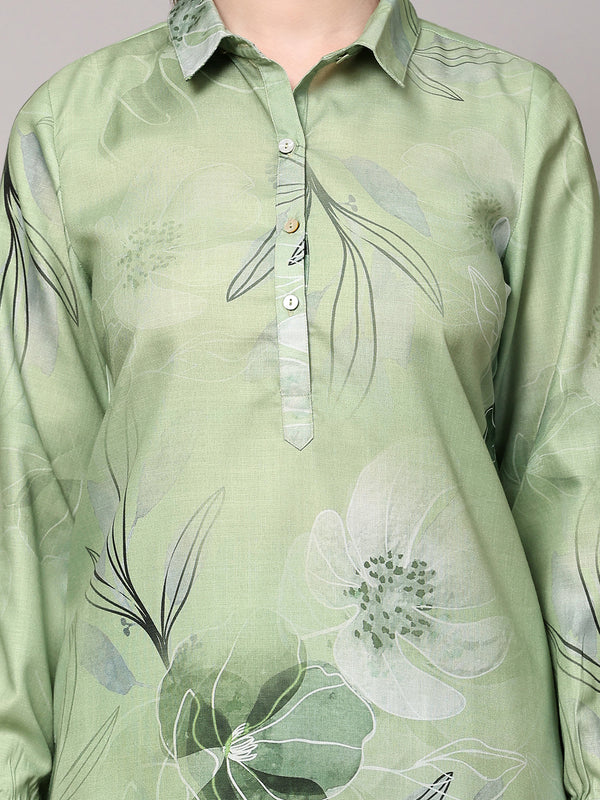 Poshak Hub Women Green Linen Digital Print Cord Set