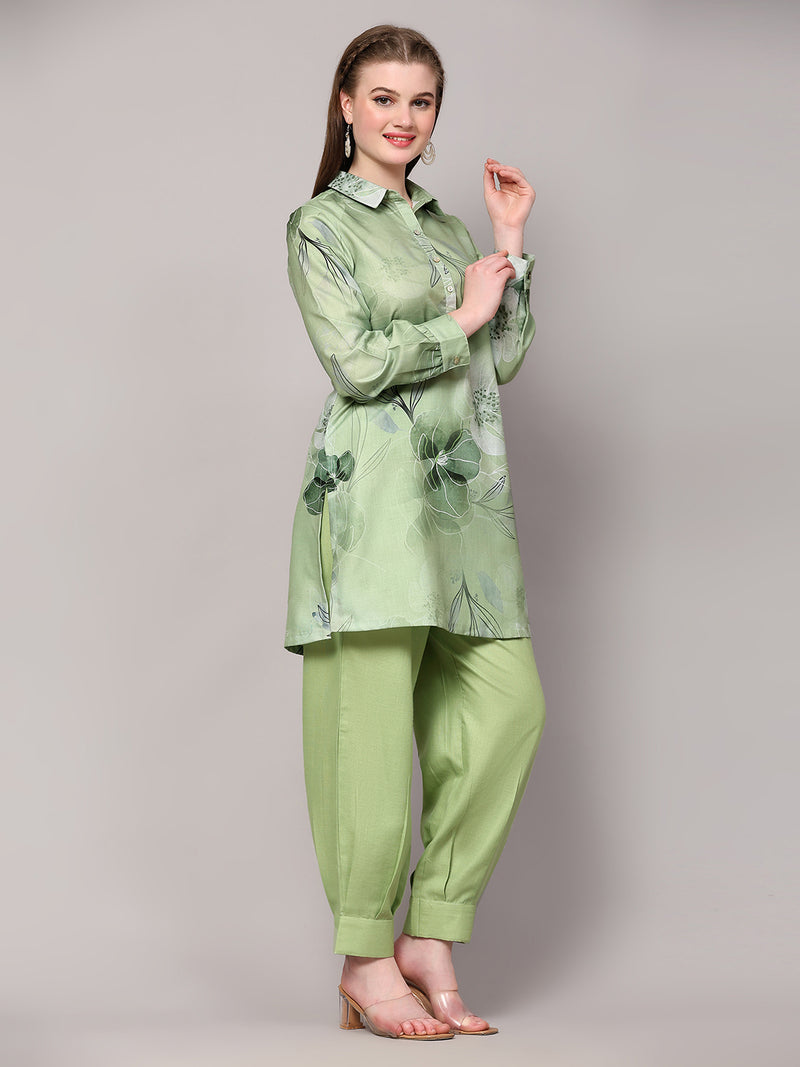 Poshak Hub Women Green Linen Digital Print Cord Set