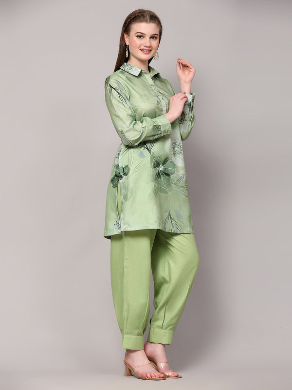 Poshak Hub Women Green Linen Digital Print Cord Set