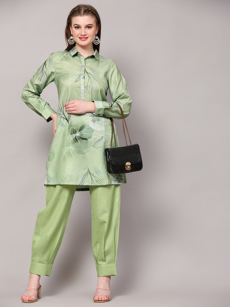 Poshak Hub Women Green Linen Digital Print Cord Set