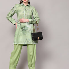 Poshak Hub Women Green Linen Digital Print Cord Set
