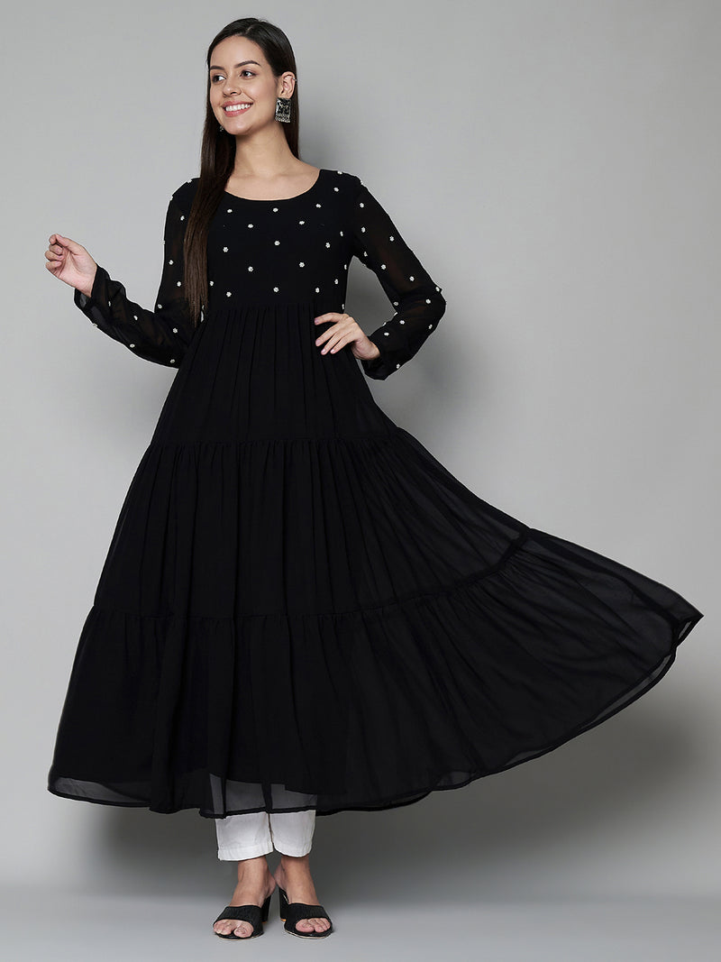 Poshak Hub Women Black Georgette Embroidery Tiered Anarkali Kurta