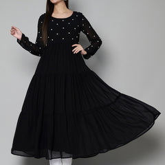 Poshak Hub Women Black Georgette Embroidery Tiered Anarkali Kurta
