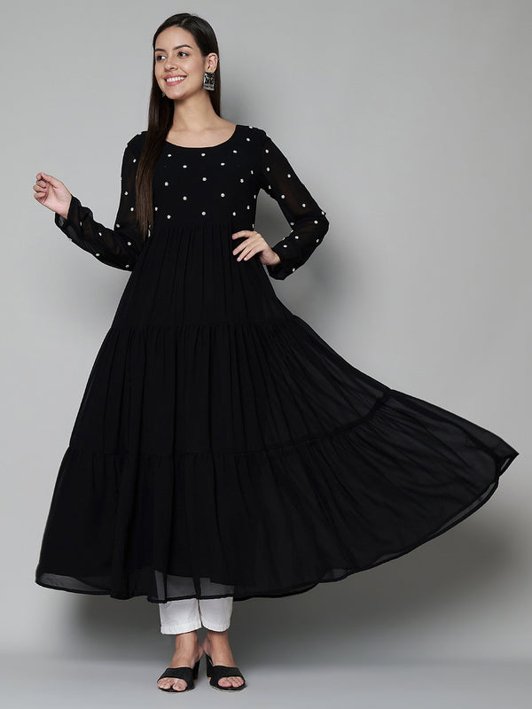 Poshak Hub Women Black Georgette Embroidery Tiered Anarkali Kurta