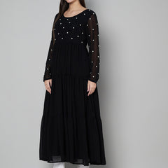 Poshak Hub Women Black Georgette Embroidery Tiered Anarkali Kurta