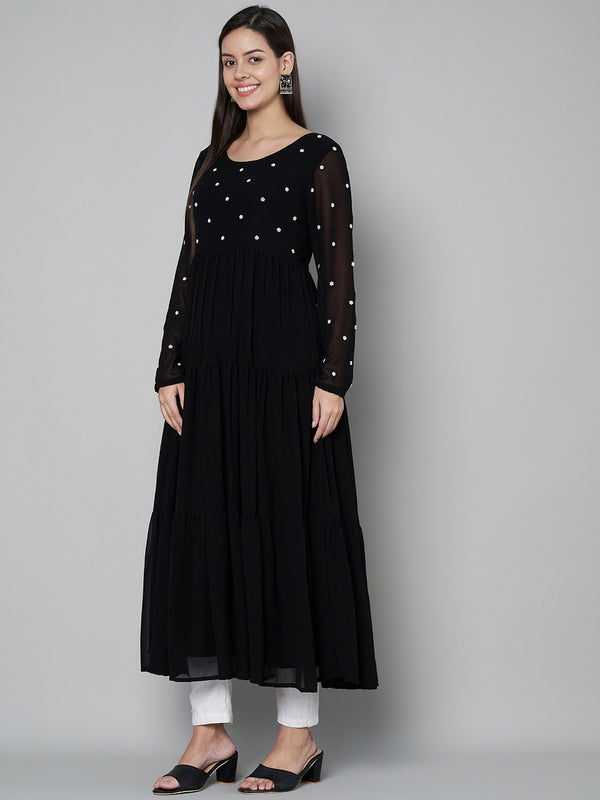 Poshak Hub Women Black Georgette Embroidery Tiered Anarkali Kurta