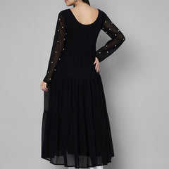 Poshak Hub Women Black Georgette Embroidery Tiered Anarkali Kurta