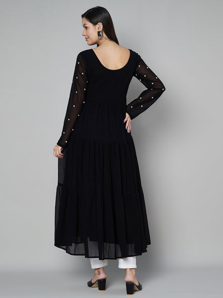 Poshak Hub Women Black Georgette Embroidery Tiered Anarkali Kurta