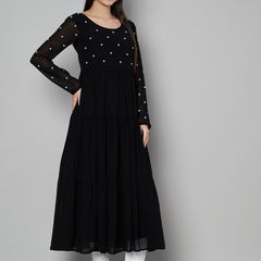 Poshak Hub Women Black Georgette Embroidery Tiered Anarkali Kurta