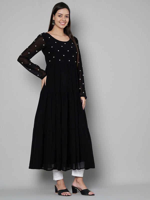 Poshak Hub Women Black Georgette Embroidery Tiered Anarkali Kurta