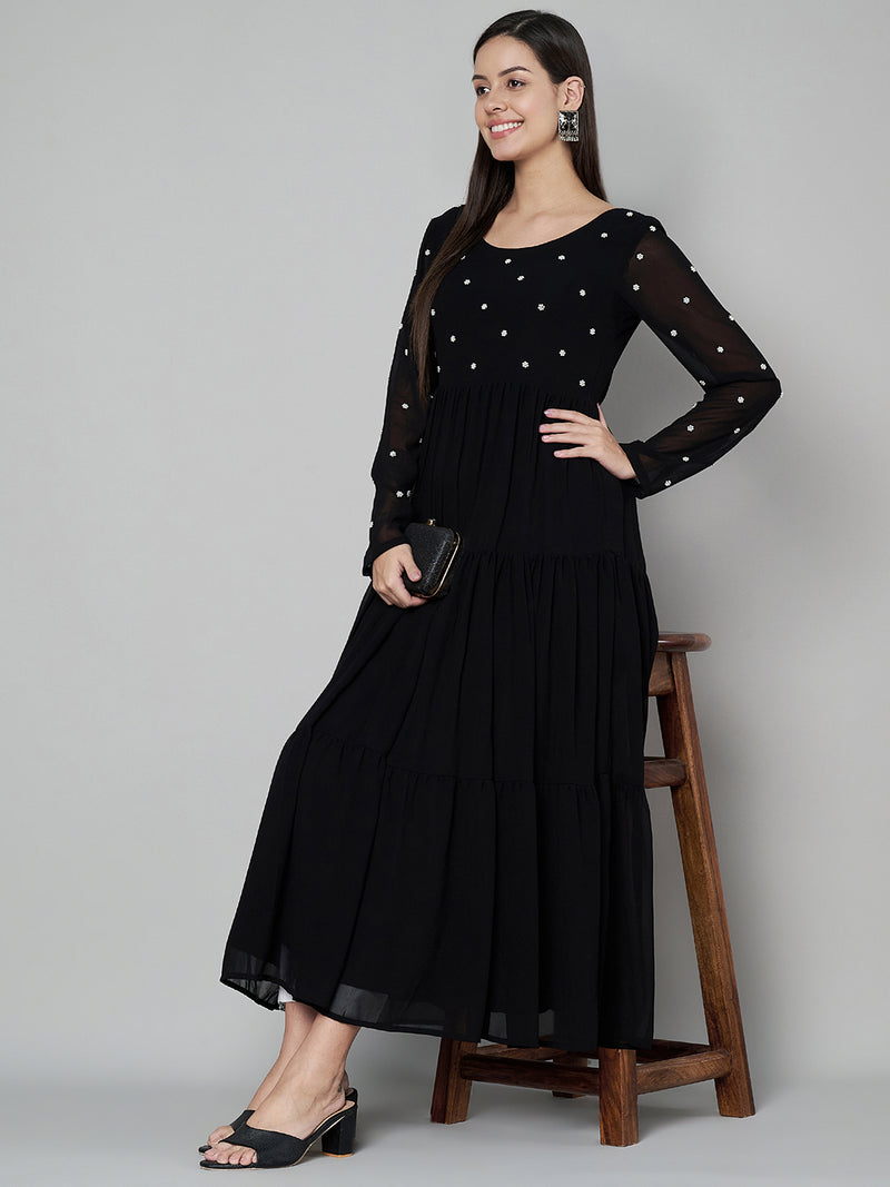 Poshak Hub Women Black Georgette Embroidery Tiered Anarkali Kurta