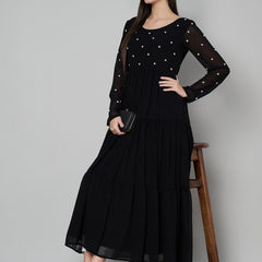 Poshak Hub Women Black Georgette Embroidery Tiered Anarkali Kurta