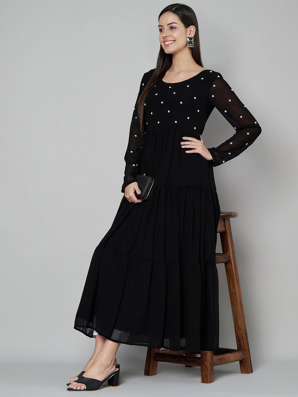 Poshak Hub Women Black Georgette Embroidery Tiered Anarkali Kurta
