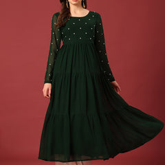 Poshak Hub Women Dark Green Georgette Embroidery Tiered Anarkali Kurta