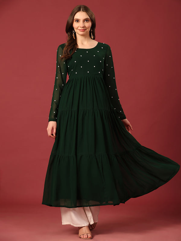 Poshak Hub Women Dark Green Georgette Embroidery Tiered Anarkali Kurta