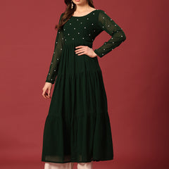 Poshak Hub Women Dark Green Georgette Embroidery Tiered Anarkali Kurta