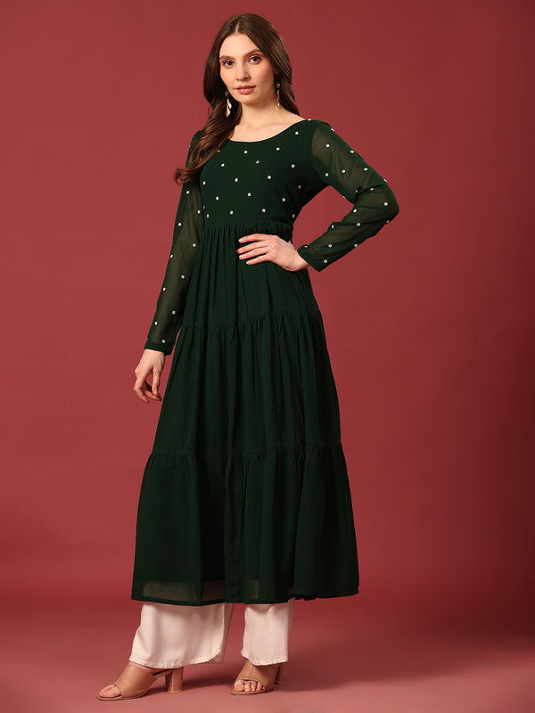 Poshak Hub Women Dark Green Georgette Embroidery Tiered Anarkali Kurta