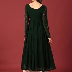 Poshak Hub Women Dark Green Georgette Embroidery Tiered Anarkali Kurta