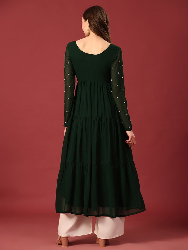 Poshak Hub Women Dark Green Georgette Embroidery Tiered Anarkali Kurta