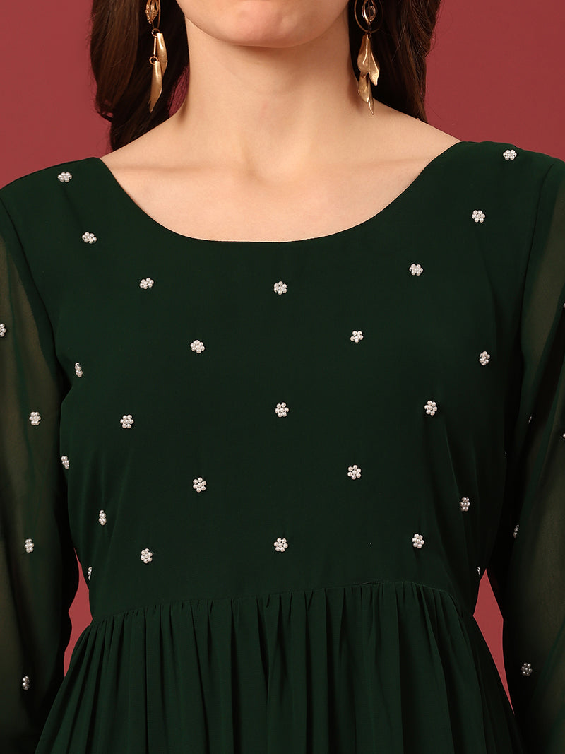 Poshak Hub Women Dark Green Georgette Embroidery Tiered Anarkali Kurta