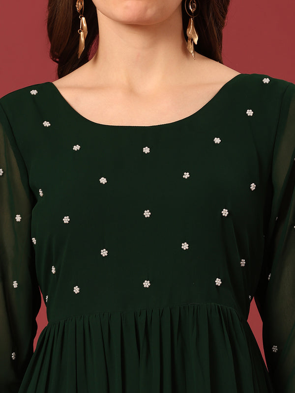 Poshak Hub Women Dark Green Georgette Embroidery Tiered Anarkali Kurta